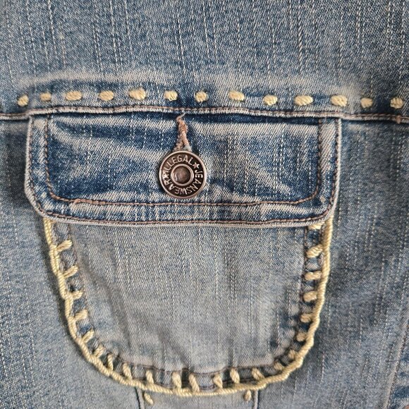 Y2K Denim Jean Jacket Crochet Trim Applique Size 11 Boho Fairy Grunge Stretch - Picture 6 of 13